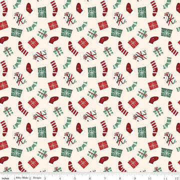 Image of Evergreen Wishes Stockings & Gifts Cream quilting cotton fabric by Traci Reed for Riley Blake Designs. Features presents on a white background. Cute Little Fabric Shop.