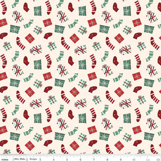 Image of Evergreen Wishes Stockings & Gifts Cream quilting cotton fabric by Traci Reed for Riley Blake Designs. Features presents on a white background. Cute Little Fabric Shop.