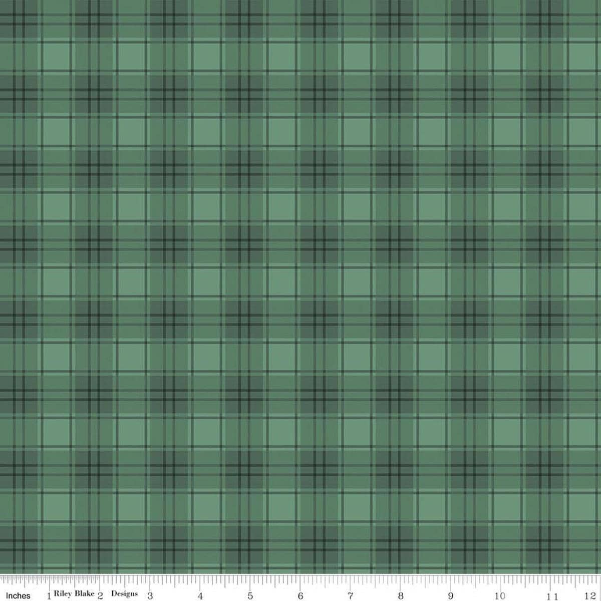 Image of Evergreen Wishes Plaid Green quilting cotton fabric by Traci Reed for Riley Blake Designs. Features plaid on a green background. Cute Little Fabric Shop.