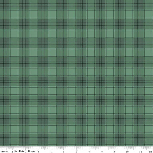 Image of Evergreen Wishes Plaid Green quilting cotton fabric by Traci Reed for Riley Blake Designs. Features plaid on a green background. Cute Little Fabric Shop.