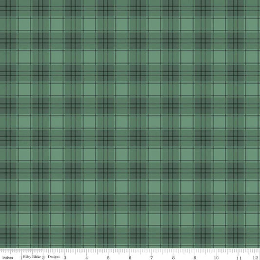 Image of Evergreen Wishes Plaid Green quilting cotton fabric by Traci Reed for Riley Blake Designs. Features plaid on a green background. Cute Little Fabric Shop.