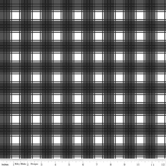 Image of Evergreen Wishes Plaid Black quilting cotton fabric by Traci Reed for Riley Blake Designs. Features plaid on a black background. Cute Little Fabric Shop.