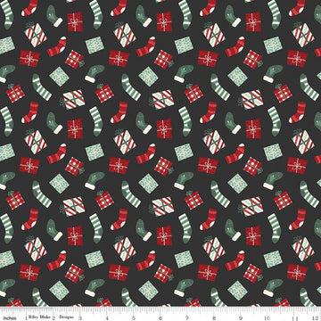 Image of Evergreen Wishes Stockings & Gifts Black quilting cotton fabric by Traci Reed for Riley Blake Designs. Features presents on a black background. Cute Little Fabric Shop.