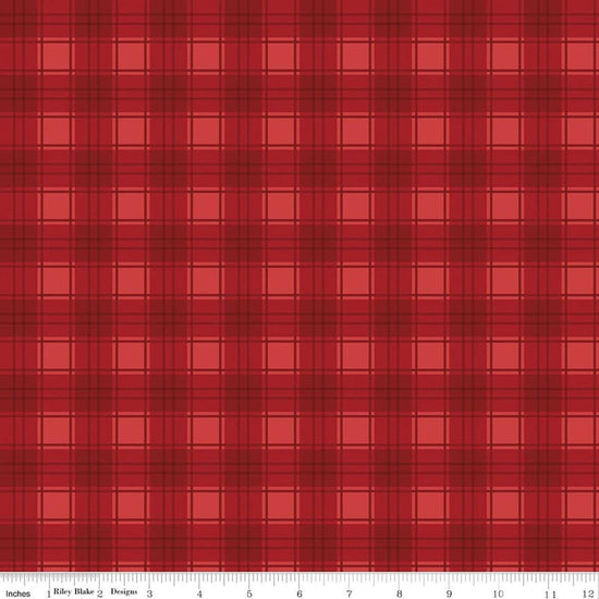 Image of Evergreen Wishes Plaid Red quilting cotton fabric by Traci Reed for Riley Blake Designs. Features plaid on a red background. Cute Little Fabric Shop.