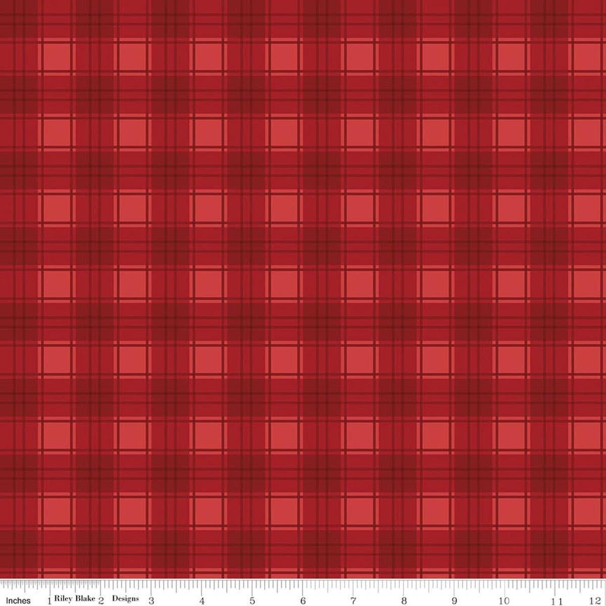 Image of Evergreen Wishes Plaid Red quilting cotton fabric by Traci Reed for Riley Blake Designs. Features plaid on a red background. Cute Little Fabric Shop.