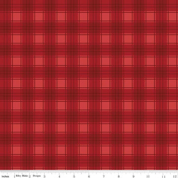 Image of Evergreen Wishes Plaid Red quilting cotton fabric by Traci Reed for Riley Blake Designs. Features plaid on a red background. Cute Little Fabric Shop.