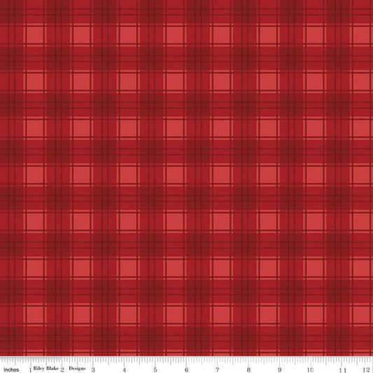 Image of Evergreen Wishes Plaid Red quilting cotton fabric by Traci Reed for Riley Blake Designs. Features plaid on a red background. Cute Little Fabric Shop.