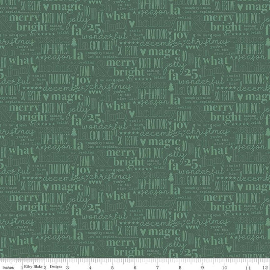 Image of Evergreen Wishes Text Green quilting cotton fabric by Traci Reed for Riley Blake Designs. Features words on a green background. Cute Little Fabric Shop.
