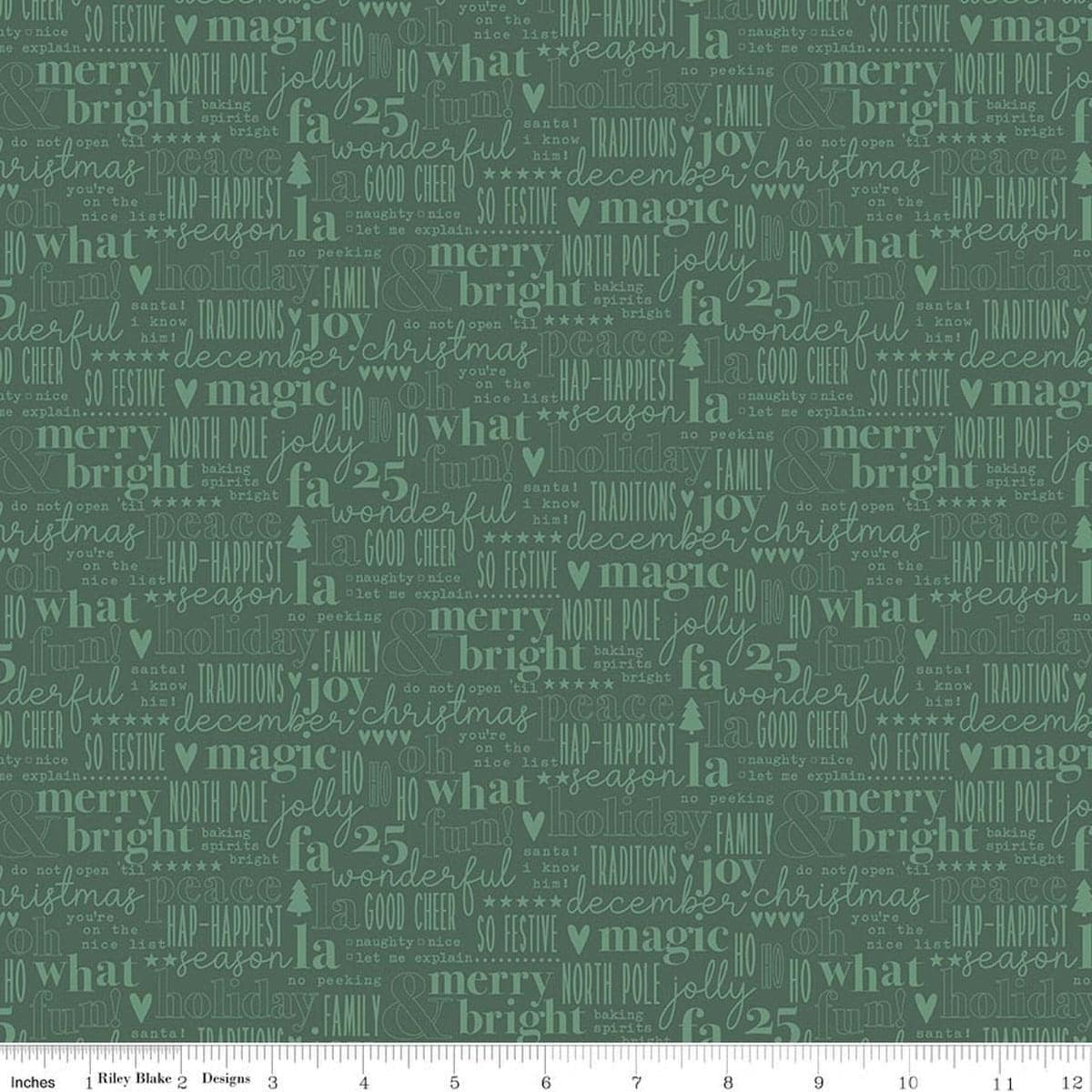 Image of Evergreen Wishes Text Green quilting cotton fabric by Traci Reed for Riley Blake Designs. Features words on a green background. Cute Little Fabric Shop.