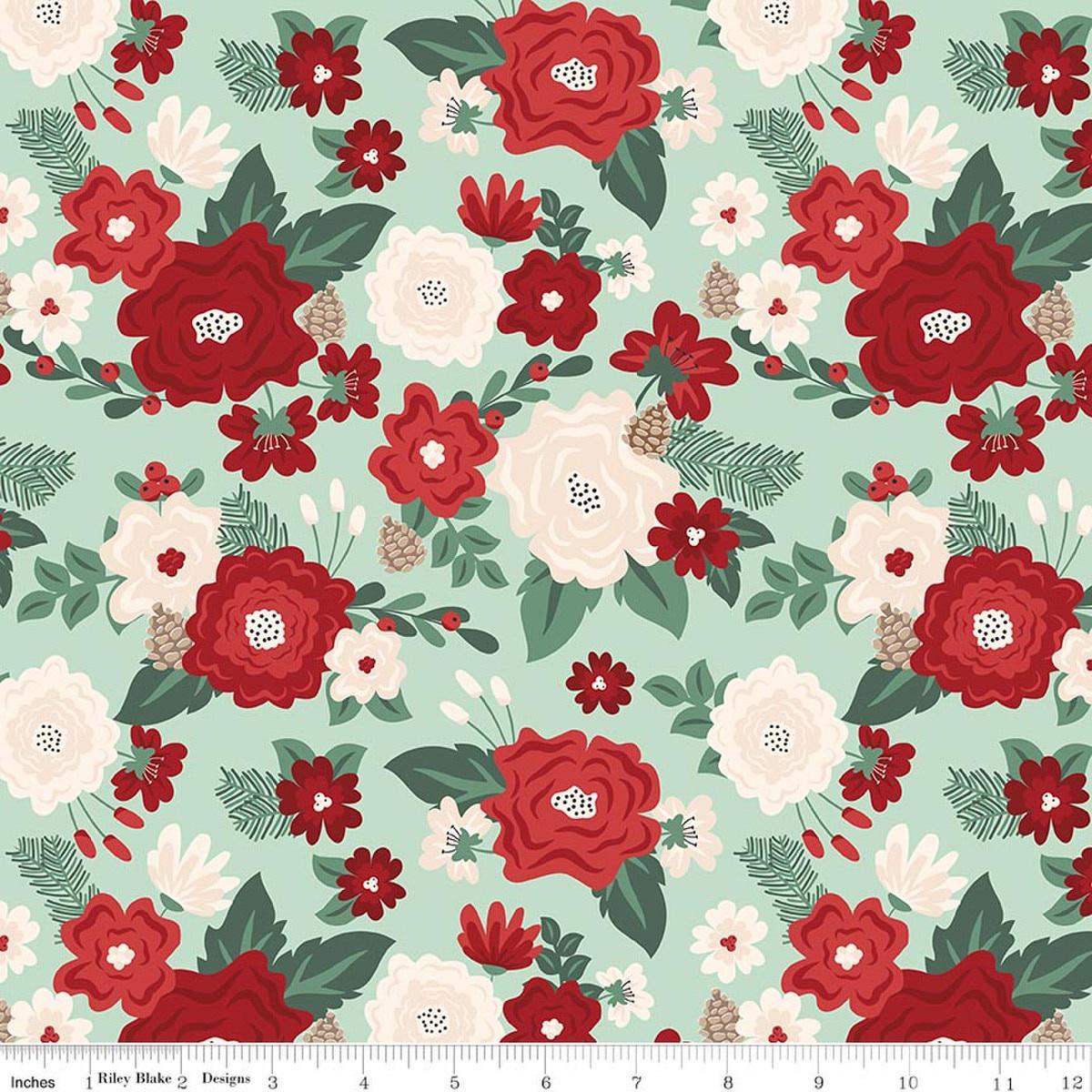 Image of Evergreen Wishes Main Mint quilting cotton fabric by Traci Reed for Riley Blake Designs. Features flowers on a green background. Cute Little Fabric Shop.