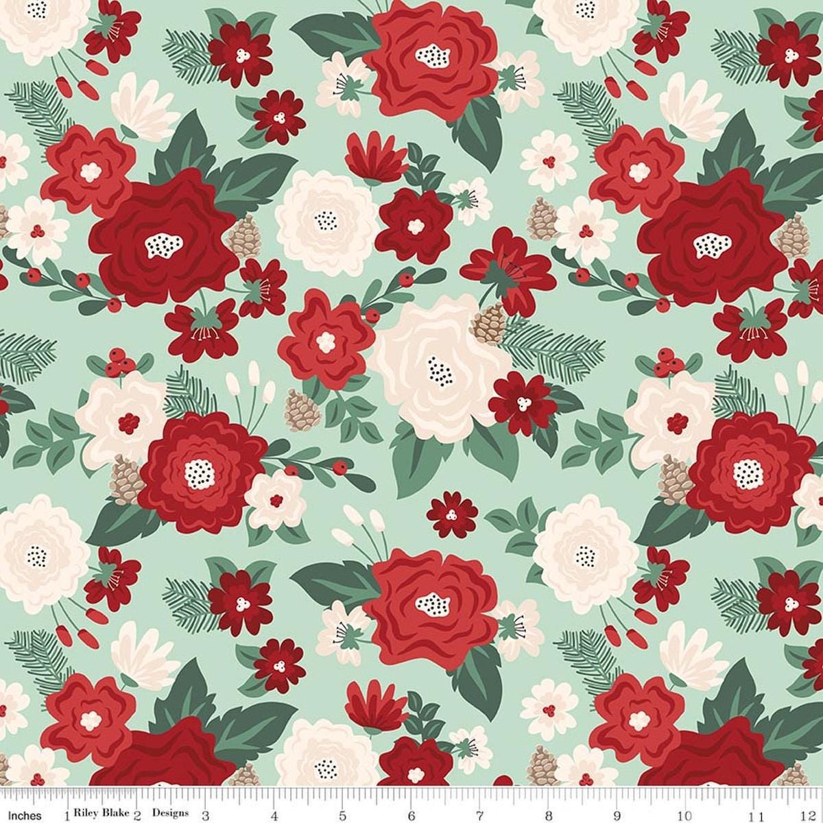 Image of Evergreen Wishes Main Mint quilting cotton fabric by Traci Reed for Riley Blake Designs. Features flowers on a green background. Cute Little Fabric Shop.