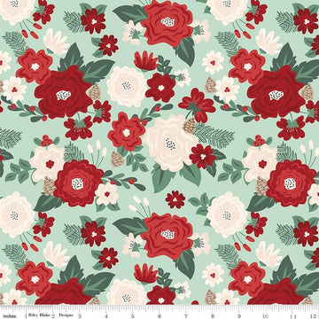 Image of Evergreen Wishes Main Mint quilting cotton fabric by Traci Reed for Riley Blake Designs. Features flowers on a green background. Cute Little Fabric Shop.