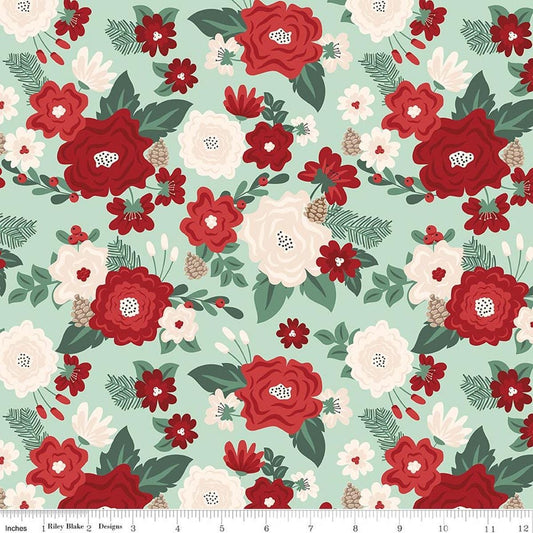 Image of Evergreen Wishes Main Mint quilting cotton fabric by Traci Reed for Riley Blake Designs. Features flowers on a green background. Cute Little Fabric Shop.