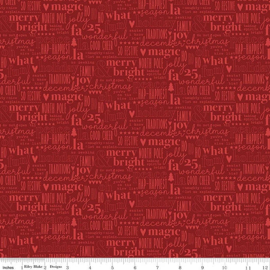 Image of Evergreen Wishes Text Red quilting cotton fabric by Traci Reed for Riley Blake Designs. Features words on a red background. Cute Little Fabric Shop.