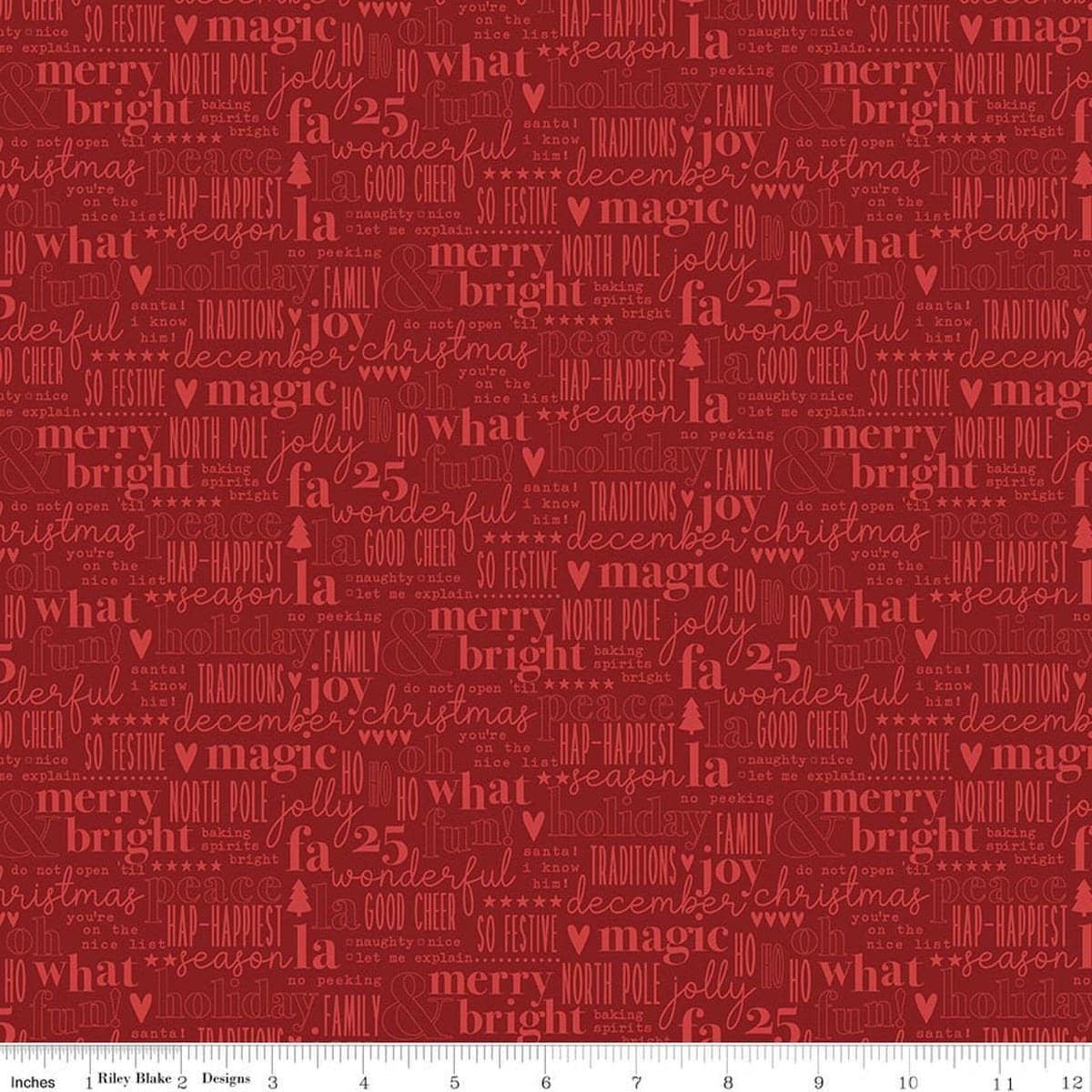 Image of Evergreen Wishes Text Red quilting cotton fabric by Traci Reed for Riley Blake Designs. Features words on a red background. Cute Little Fabric Shop.