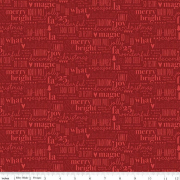 Image of Evergreen Wishes Text Red quilting cotton fabric by Traci Reed for Riley Blake Designs. Features words on a red background. Cute Little Fabric Shop.