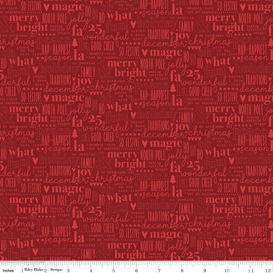 Image of Evergreen Wishes Text Red quilting cotton fabric by Traci Reed for Riley Blake Designs. Features words on a red background. Cute Little Fabric Shop.