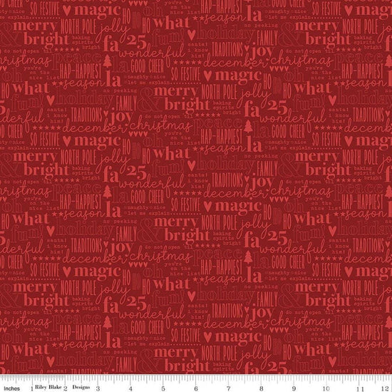 Image of Evergreen Wishes Text Red quilting cotton fabric by Traci Reed for Riley Blake Designs. Features words on a red background. Cute Little Fabric Shop.