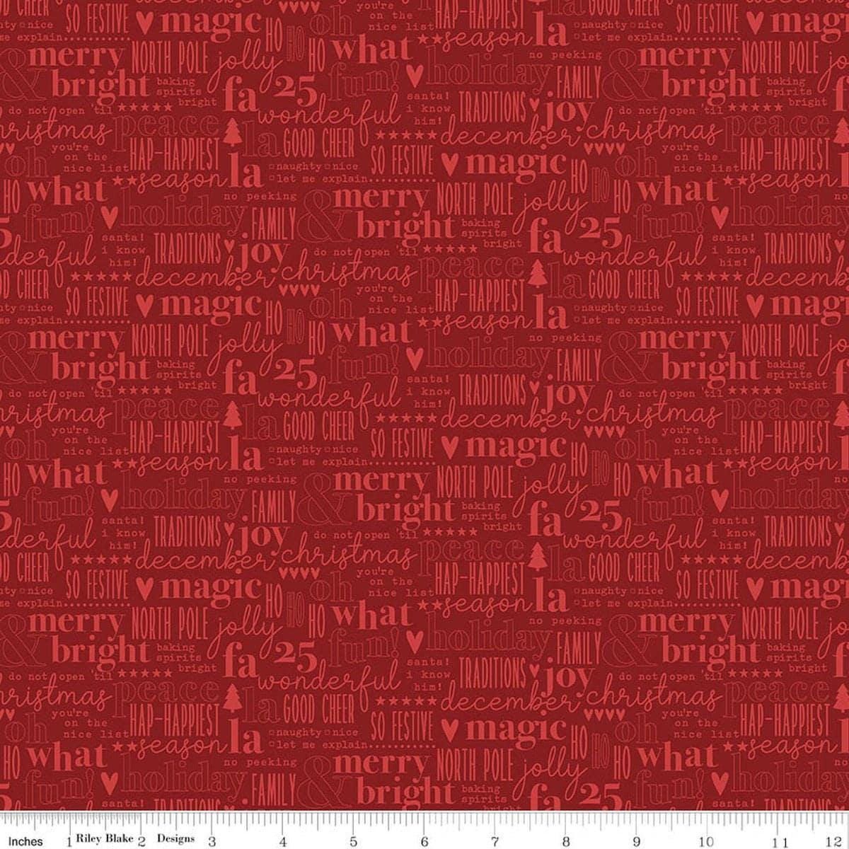 Image of Evergreen Wishes Text Red quilting cotton fabric by Traci Reed for Riley Blake Designs. Features words on a red background. Cute Little Fabric Shop.