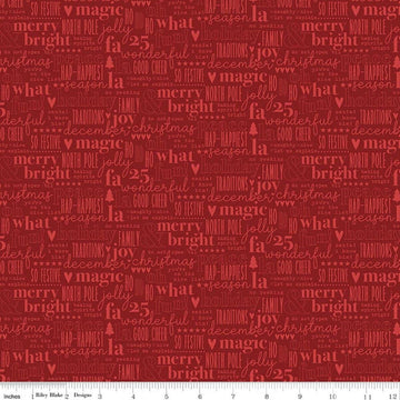 Image of Evergreen Wishes Text Red quilting cotton fabric by Traci Reed for Riley Blake Designs. Features words on a red background. Cute Little Fabric Shop.