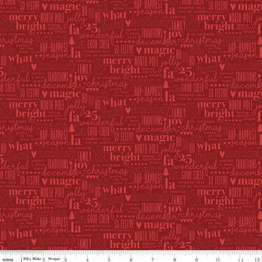 Image of Evergreen Wishes Text Red quilting cotton fabric by Traci Reed for Riley Blake Designs. Features words on a red background. Cute Little Fabric Shop.