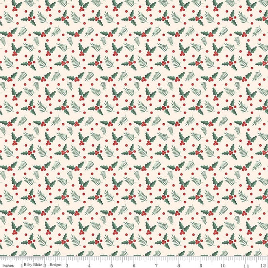 Image of Evergreen Wishes Holly Berries Cream quilting cotton fabric by Traci Reed for Riley Blake Designs. Features berries on a white background. Cute Little Fabric Shop.