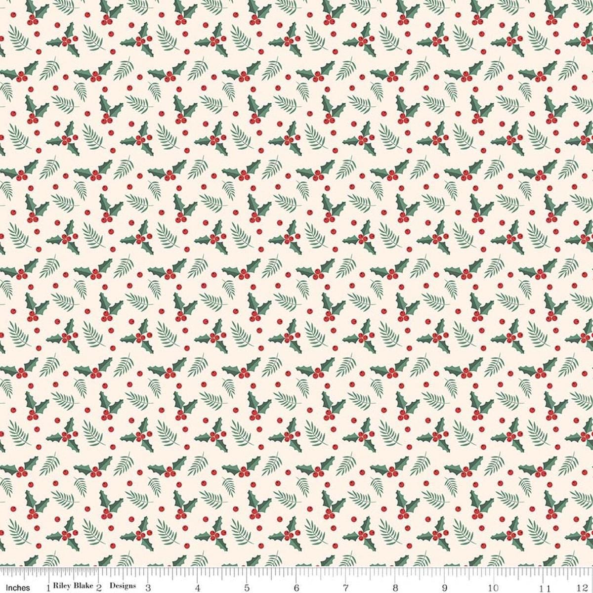 Image of Evergreen Wishes Holly Berries Cream quilting cotton fabric by Traci Reed for Riley Blake Designs. Features berries on a white background. Cute Little Fabric Shop.