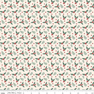 Image of Evergreen Wishes Holly Berries Cream quilting cotton fabric by Traci Reed for Riley Blake Designs. Features berries on a white background. Cute Little Fabric Shop.