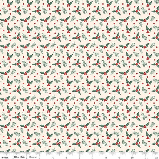Image of Evergreen Wishes Holly Berries Cream quilting cotton fabric by Traci Reed for Riley Blake Designs. Features berries on a white background. Cute Little Fabric Shop.