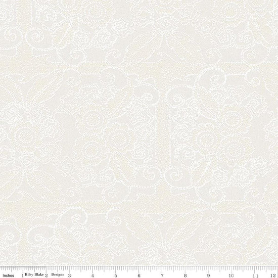Image of Gingerbread Lacy Blender White quilting cotton fabric by J. Wecker Frisch for Riley Blake Designs. Features flowers on a white background. Cute Little Fabric Shop.