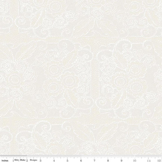 Image of Gingerbread Lacy Blender White quilting cotton fabric by J. Wecker Frisch for Riley Blake Designs. Features flowers on a white background. Cute Little Fabric Shop.