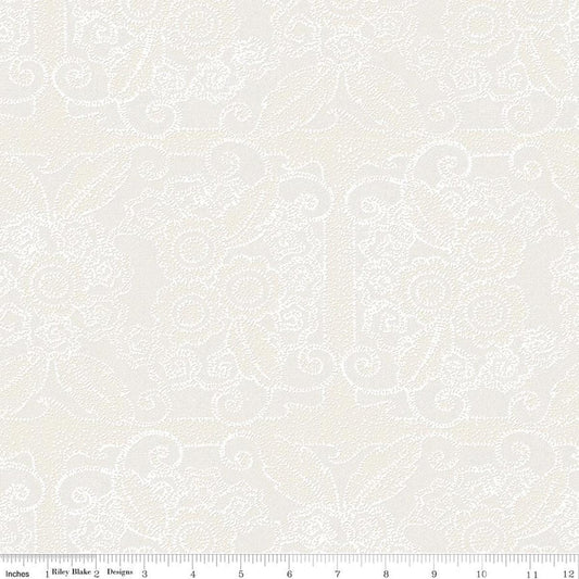 Image of Gingerbread Lacy Blender White quilting cotton fabric by J. Wecker Frisch for Riley Blake Designs. Features flowers on a white background. Cute Little Fabric Shop.