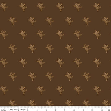 Image of Gingerbread Gingerbread Toss Brown quilting cotton fabric by J. Wecker Frisch for Riley Blake Designs. Features gingerbread men on a brown background. Cute Little Fabric Shop.