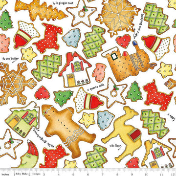 Image of Gingerbread Cookie Toss White quilting cotton fabric by J. Wecker Frisch for Riley Blake Designs. Features cookies on a white background. Cute Little Fabric Shop.