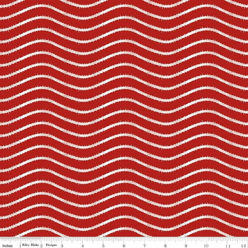 Image of Gingerbread Icing Stripe Red quilting cotton fabric by J. Wecker Frisch for Riley Blake Designs. Features wavy stripes on a red background. Cute Little Fabric Shop.