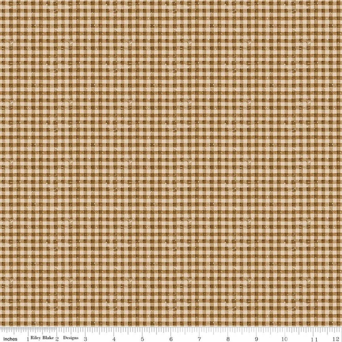 Image of Gingerbread Sugary Gingham Gingersnap quilting cotton fabric by J. Wecker Frisch for Riley Blake Designs. Features gingham on a brown background. Cute Little Fabric Shop.