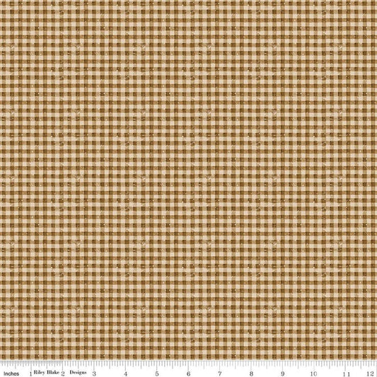Image of Gingerbread Sugary Gingham Gingersnap quilting cotton fabric by J. Wecker Frisch for Riley Blake Designs. Features gingham on a brown background. Cute Little Fabric Shop.