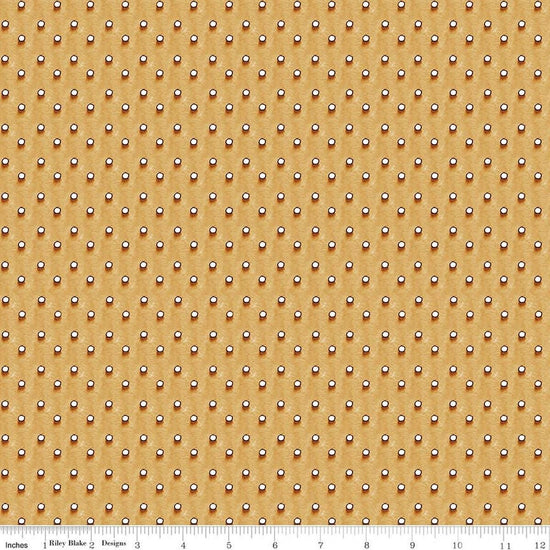 Image of Gingerbread Royal Icing Dots Gingersnap quilting cotton fabric by J. Wecker Frisch for Riley Blake Designs. Features dots on a brown background. Cute Little Fabric Shop.