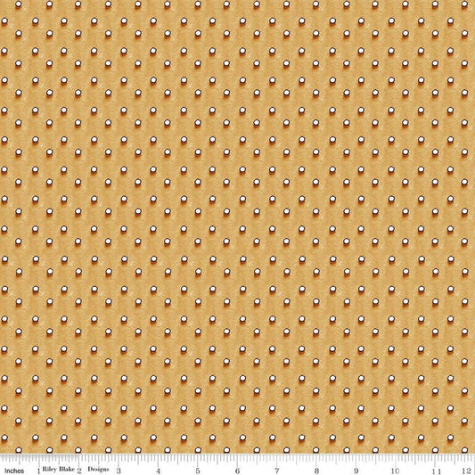 Image of Gingerbread Royal Icing Dots Gingersnap quilting cotton fabric by J. Wecker Frisch for Riley Blake Designs. Features dots on a brown background. Cute Little Fabric Shop.