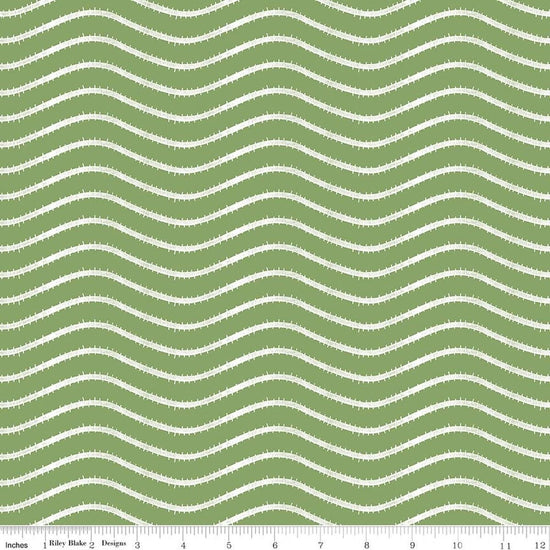 Image of Gingerbread Icing Stripe Green quilting cotton fabric by J. Wecker Frisch for Riley Blake Designs. Features wavy stripes on a green background. Cute Little Fabric Shop.