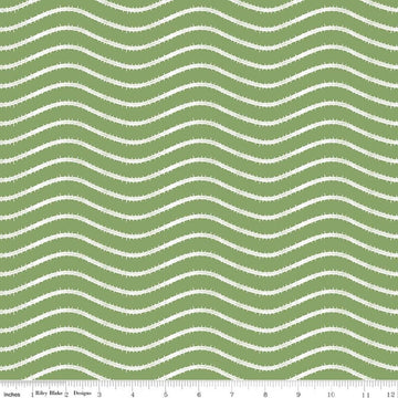 Image of Gingerbread Icing Stripe Green quilting cotton fabric by J. Wecker Frisch for Riley Blake Designs. Features wavy stripes on a green background. Cute Little Fabric Shop.