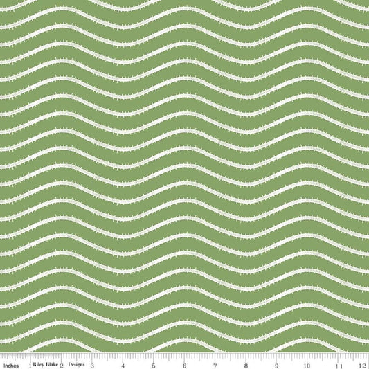Image of Gingerbread Icing Stripe Green quilting cotton fabric by J. Wecker Frisch for Riley Blake Designs. Features wavy stripes on a green background. Cute Little Fabric Shop.
