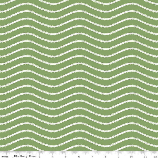 Image of Gingerbread Icing Stripe Green quilting cotton fabric by J. Wecker Frisch for Riley Blake Designs. Features wavy stripes on a green background. Cute Little Fabric Shop.