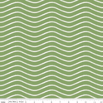 Image of Gingerbread Icing Stripe Green quilting cotton fabric by J. Wecker Frisch for Riley Blake Designs. Features wavy stripes on a green background. Cute Little Fabric Shop.