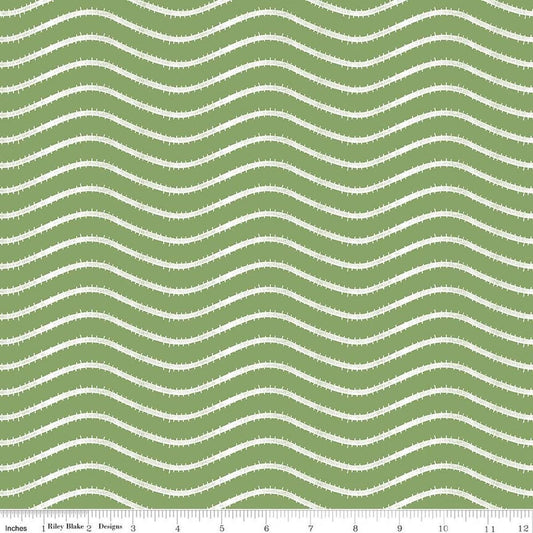 Image of Gingerbread Icing Stripe Green quilting cotton fabric by J. Wecker Frisch for Riley Blake Designs. Features wavy stripes on a green background. Cute Little Fabric Shop.