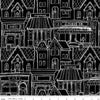 Image of Gingerbread Village Black quilting cotton fabric by J. Wecker Frisch for Riley Blake Designs. Features buildings on a black background. Cute Little Fabric Shop.