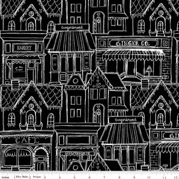 Image of Gingerbread Village Black quilting cotton fabric by J. Wecker Frisch for Riley Blake Designs. Features buildings on a black background. Cute Little Fabric Shop.