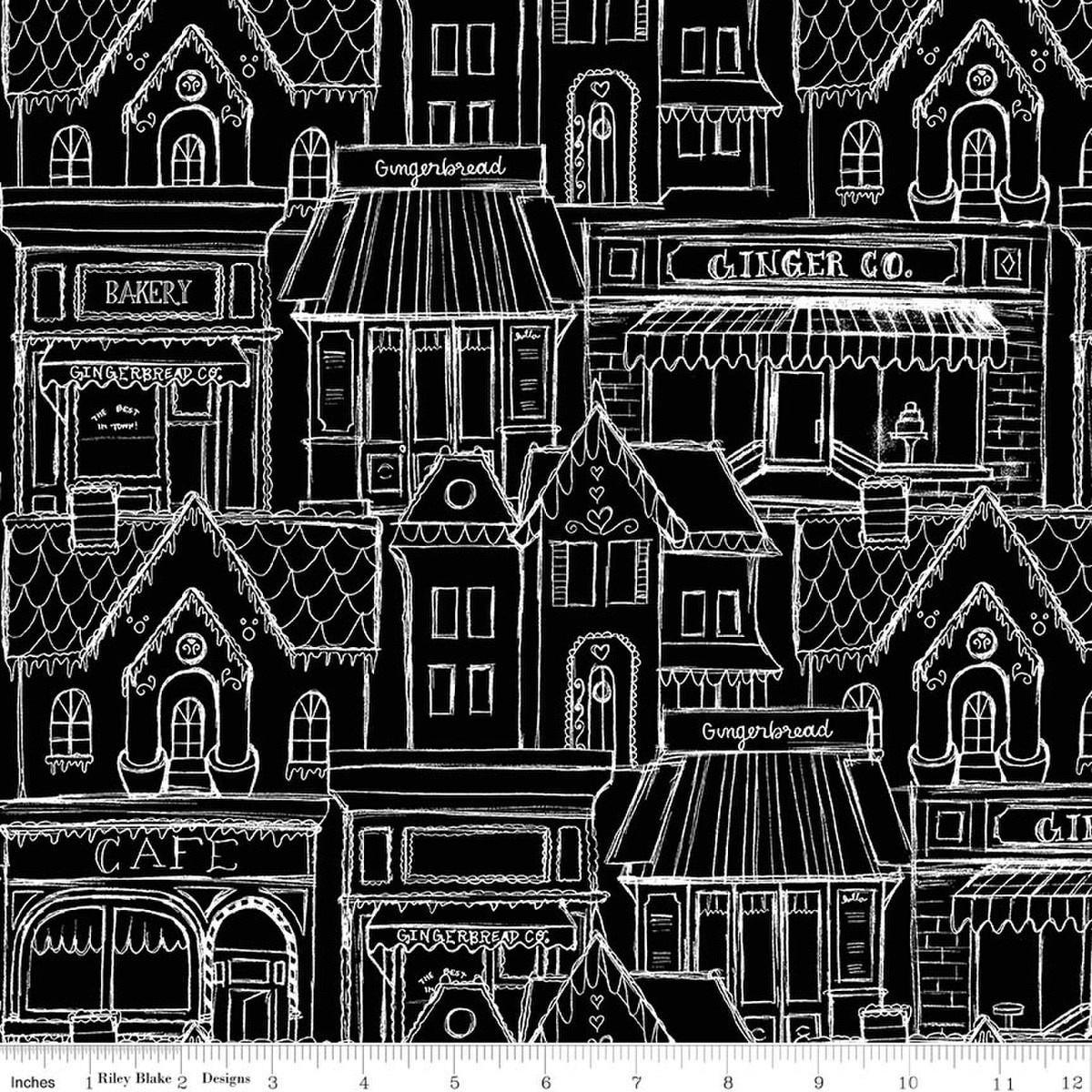 Image of Gingerbread Village Black quilting cotton fabric by J. Wecker Frisch for Riley Blake Designs. Features buildings on a black background. Cute Little Fabric Shop.