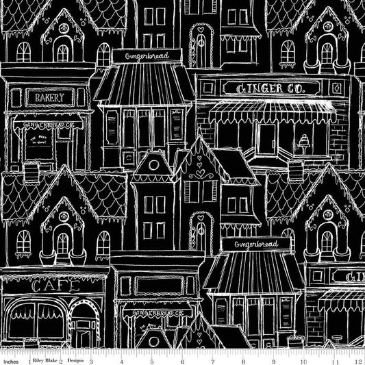 Image of Gingerbread Village Black quilting cotton fabric by J. Wecker Frisch for Riley Blake Designs. Features buildings on a black background. Cute Little Fabric Shop.