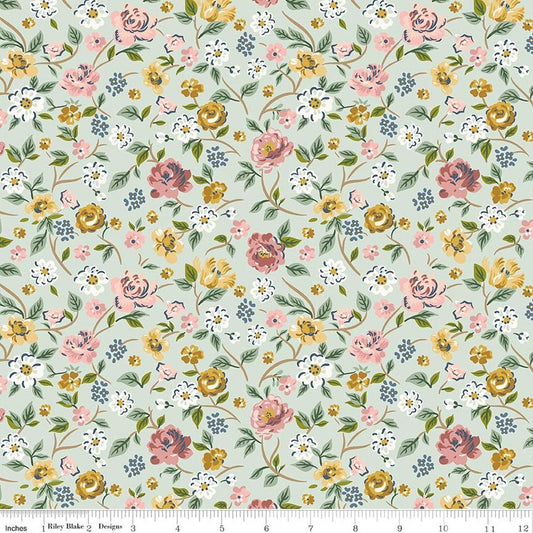 3-Yard-Cut - SALE Rosewood Briar Cottage Whisper Green Floral Fabric - 108" Wide Quilt Back - WB17498 - Riley Blake Quilting Cotton Fabric
